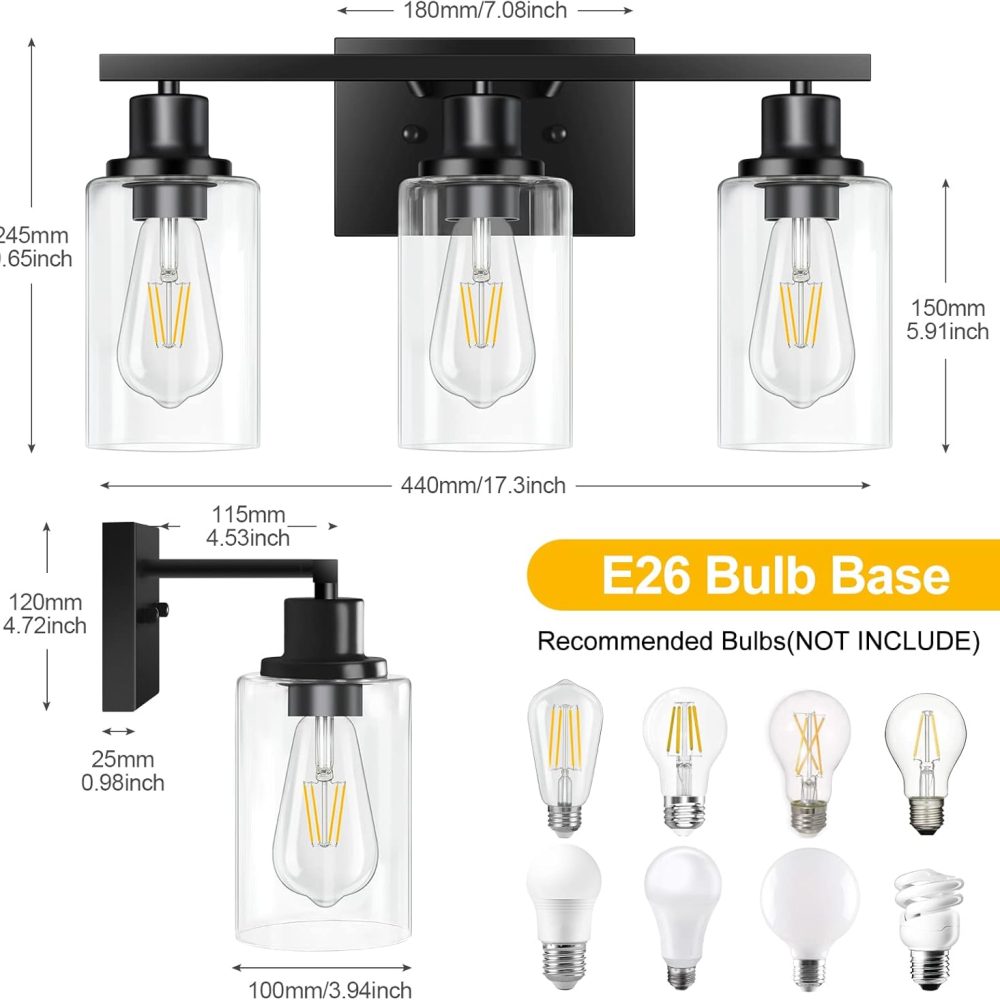 3-Light Vanity Light, Matte Black Bathroom Lighting Fixtures Over Mirror, Modern Metal Wall Lights for Hallway Kitchen Bedroom Living Room - Image 6