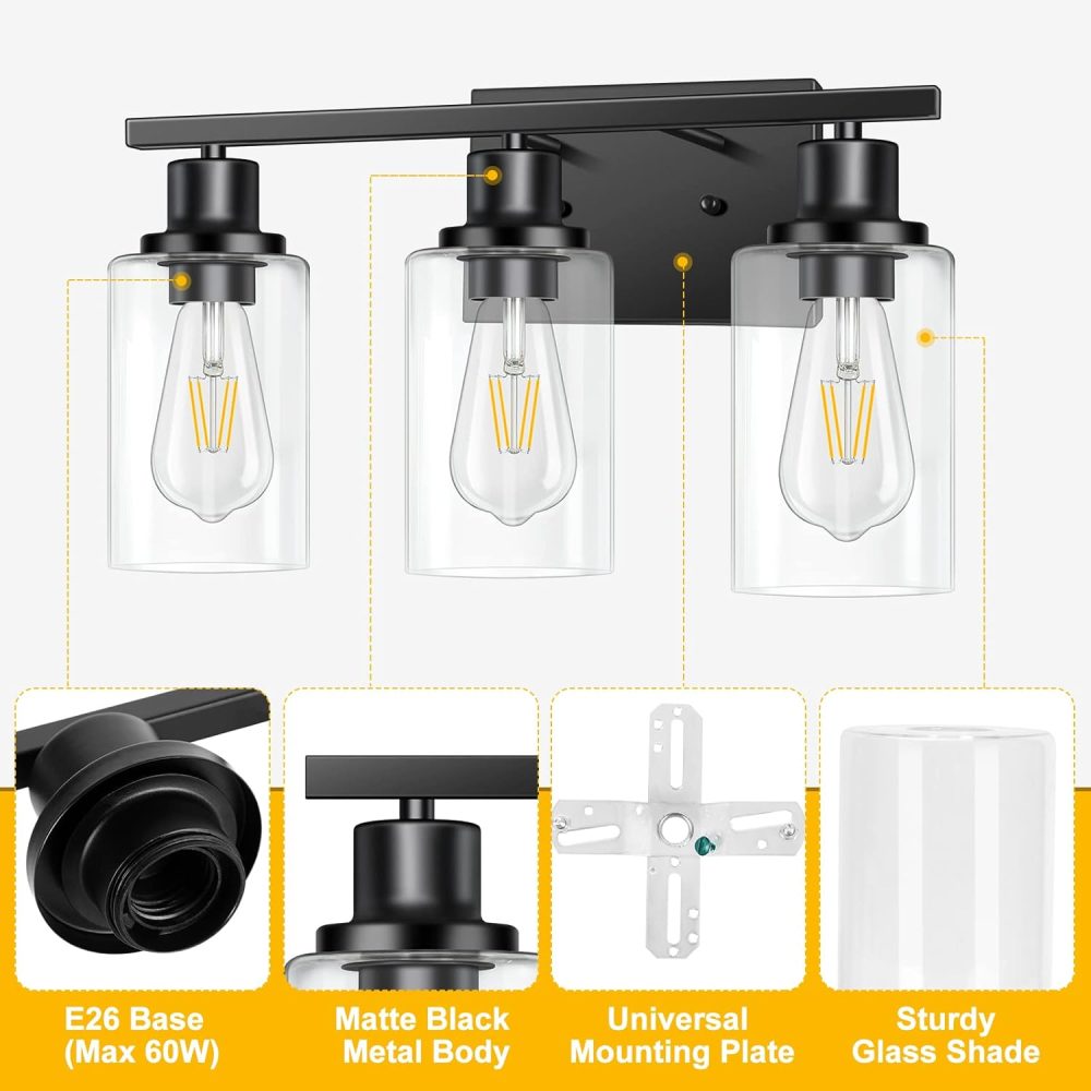 3-Light Vanity Light, Matte Black Bathroom Lighting Fixtures Over Mirror, Modern Metal Wall Lights for Hallway Kitchen Bedroom Living Room - Image 7