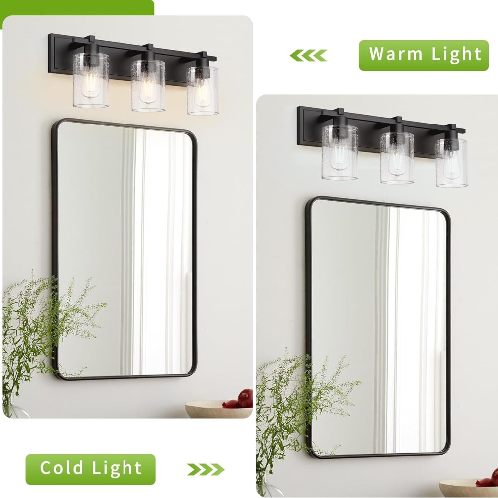 Espird Bathroom Vanity Light,3 Light Matte Black Light Fixture with Thickened Seeded Glass Shade, 24 inch Modern Wall Sconce,Vanity Light Over Mirror for Bathroom - Image 6