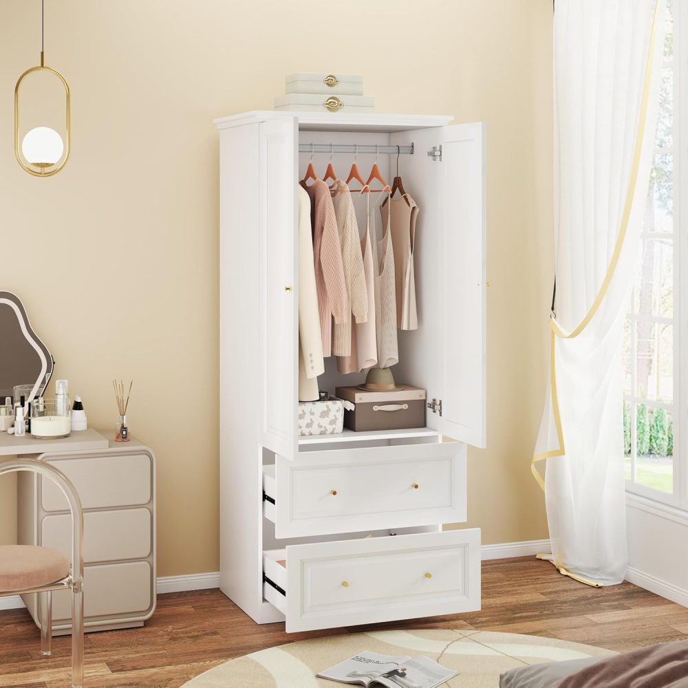 White Armoire Wardrobe Closet with Drawers: Wardrobe Closet for Hanging Clothes, Modern Bedroom Armoires with Hanging Rod, Wardrobes Closets with Doors and Shelves (White, 31.5") - Image 4