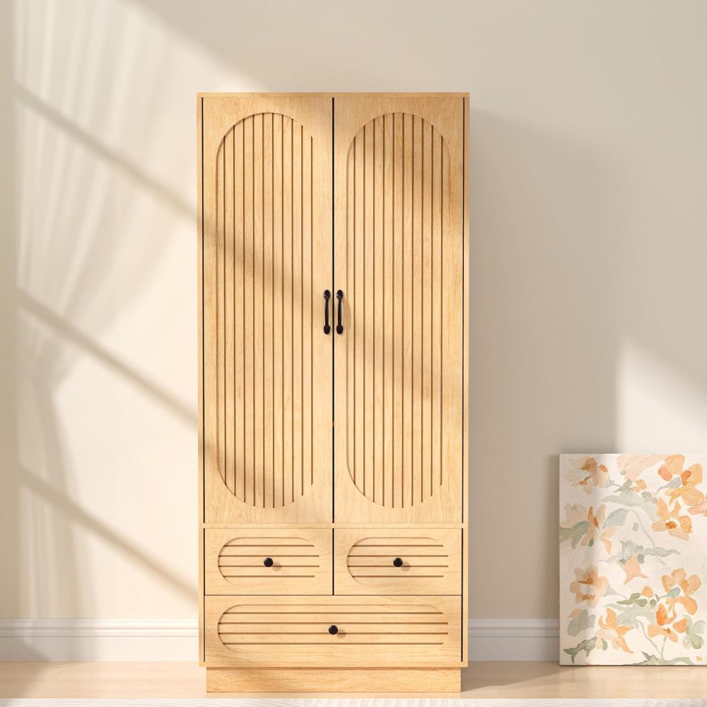 Wood Armoire Wardrobe Closet with Doors, Fluted Wardrobe Cabinet with 3 Drawers, Large Armoire Closet, Tall Clothing Storage Cabinet with Hanging Rod and Shelves, for Bedroom, Laundry, Natural - Image 3