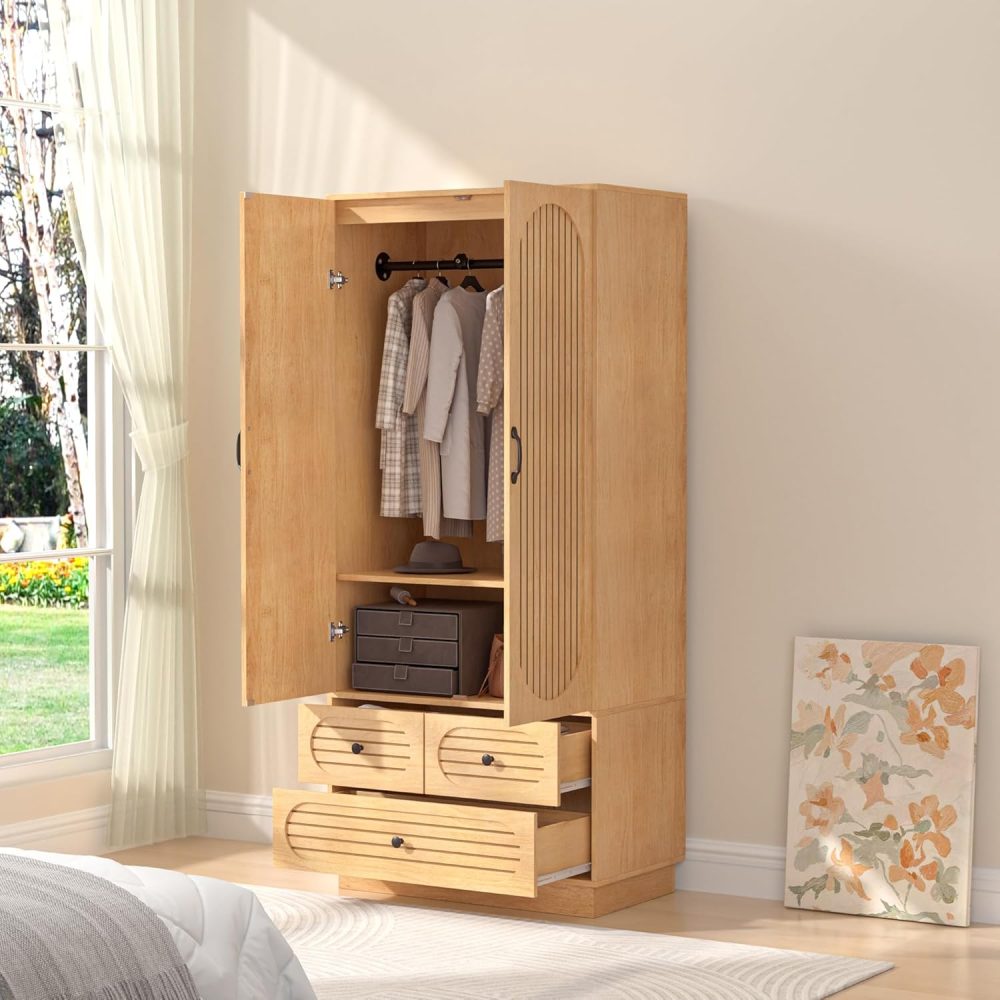 Wood Armoire Wardrobe Closet with Doors, Fluted Wardrobe Cabinet with 3 Drawers, Large Armoire Closet, Tall Clothing Storage Cabinet with Hanging Rod and Shelves, for Bedroom, Laundry, Natural - Image 4