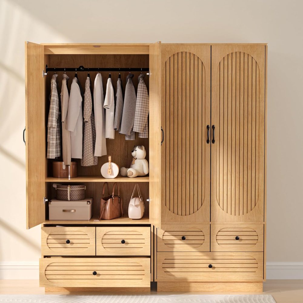 Wood Armoire Wardrobe Closet with Doors, Fluted Wardrobe Cabinet with 3 Drawers, Large Armoire Closet, Tall Clothing Storage Cabinet with Hanging Rod and Shelves, for Bedroom, Laundry, Natural - Image 5