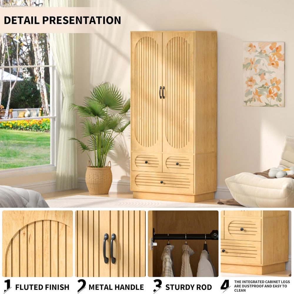 Wood Armoire Wardrobe Closet with Doors, Fluted Wardrobe Cabinet with 3 Drawers, Large Armoire Closet, Tall Clothing Storage Cabinet with Hanging Rod and Shelves, for Bedroom, Laundry, Natural - Image 6