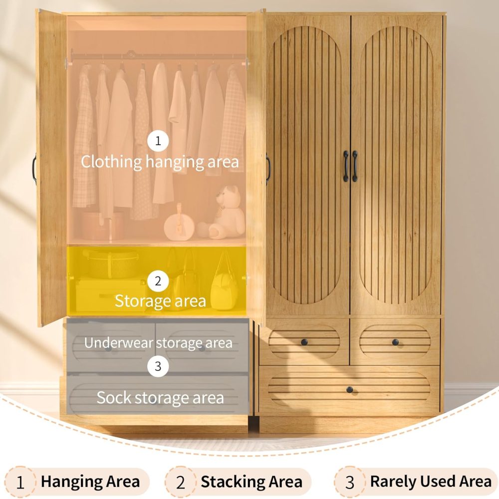 Wood Armoire Wardrobe Closet with Doors, Fluted Wardrobe Cabinet with 3 Drawers, Large Armoire Closet, Tall Clothing Storage Cabinet with Hanging Rod and Shelves, for Bedroom, Laundry, Natural - Image 8